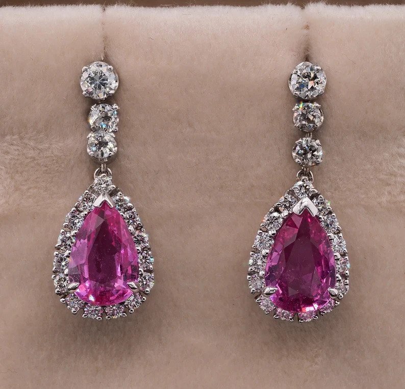 Art Deco French 4.5ct Pink Sapphire and Diamond Cluster Drop Earrings