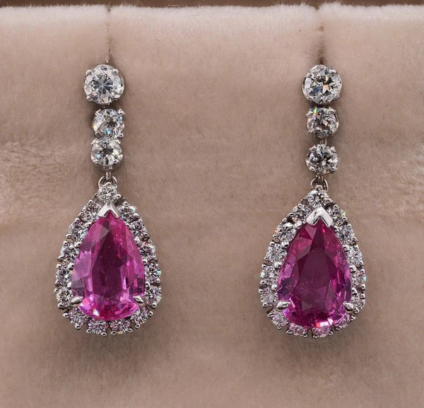 Art Deco French 4.5ct Pink Sapphire and Diamond Cluster Drop Earrings