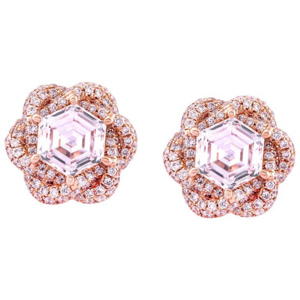 Hexagon Diamond Flower Stud Earrings, 2.01 carat total, 18ct Rose Gold