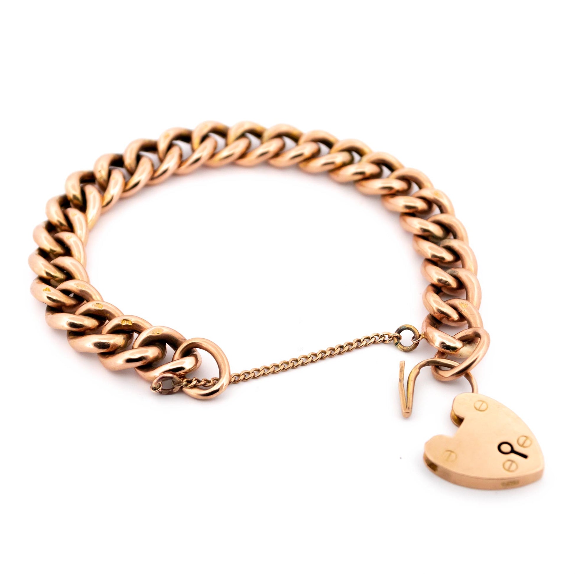 Victorian 9 Carat Gold Curb Link Bracelet with Heart Shaped Padlock Clasp