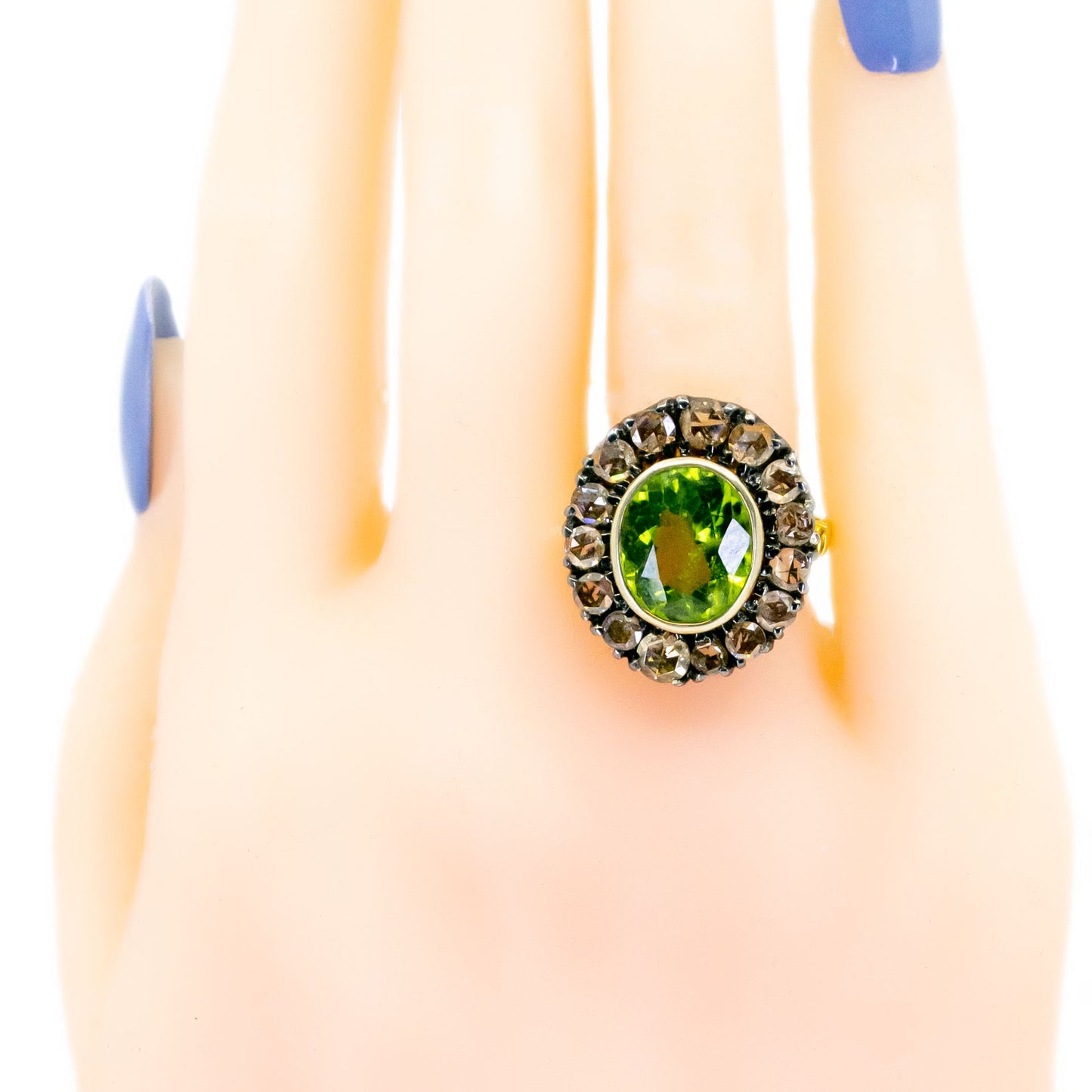 Victorian 14 Carat Gold, Silver, Peridot and Rose-Cut Diamond Oval Cluster Ring