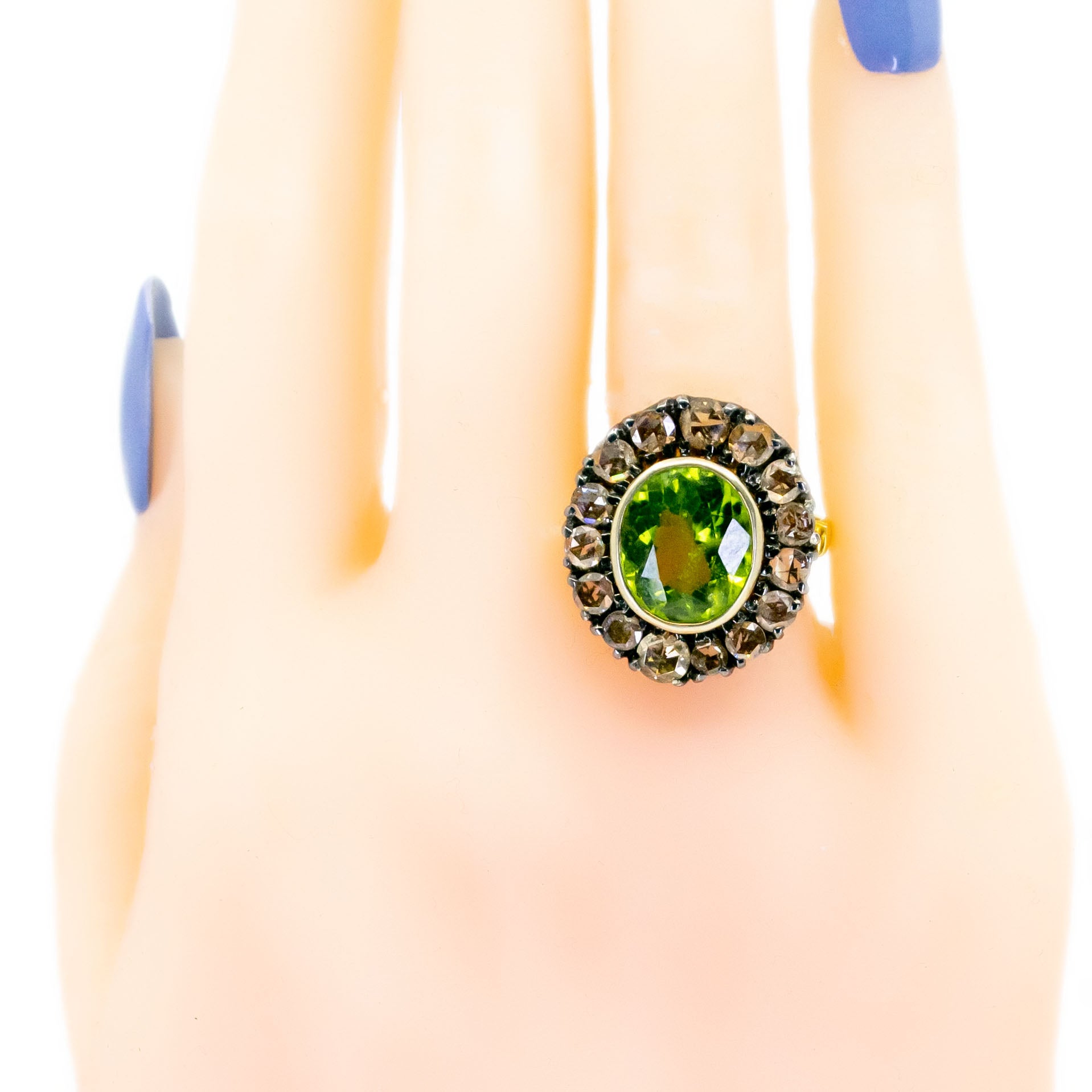 Victorian 14 Carat Gold, Silver, Peridot and Rose-Cut Diamond Oval Cluster Ring