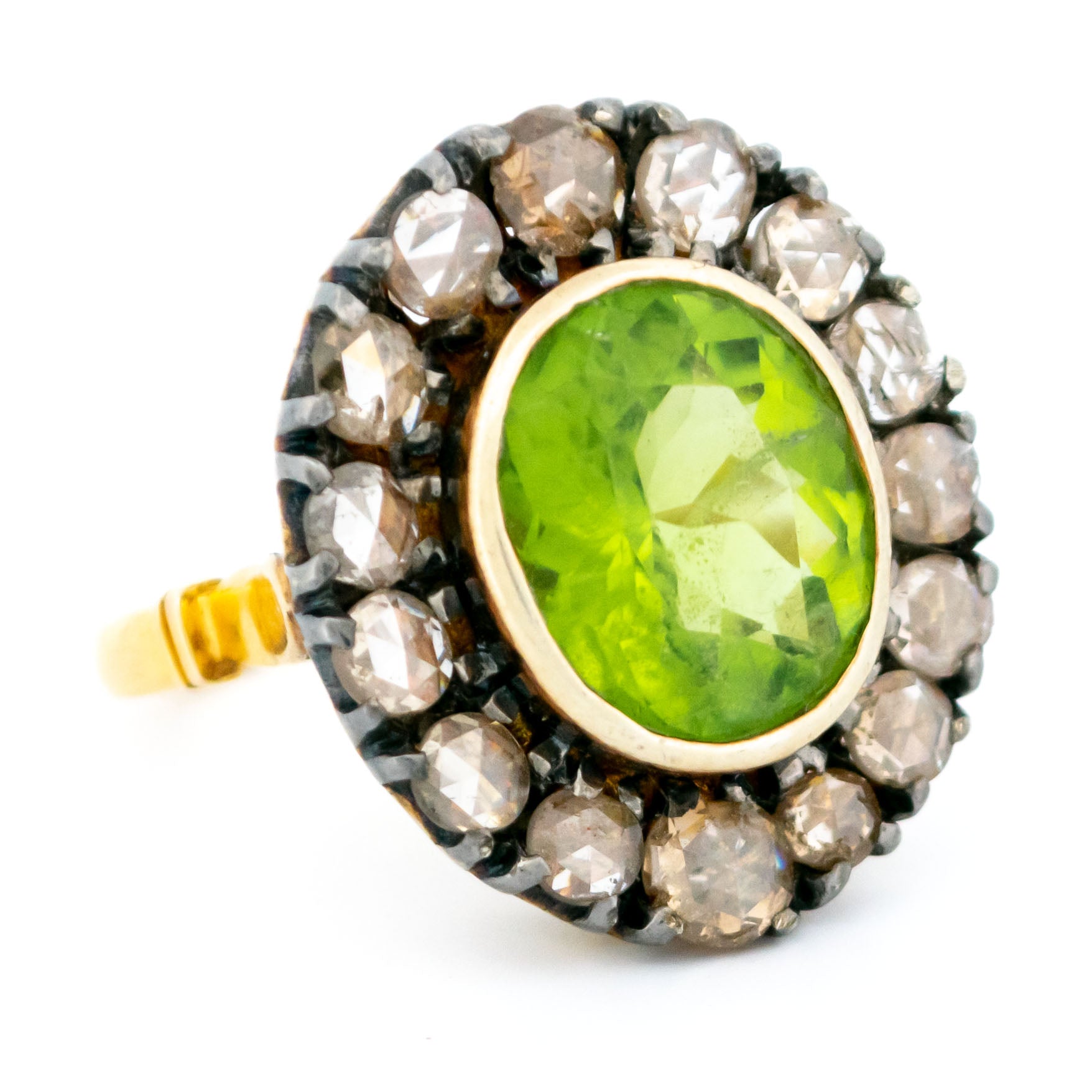 Victorian 14 Carat Gold, Silver, Peridot and Rose-Cut Diamond Oval Cluster Ring