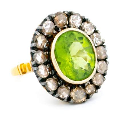 Victorian 14 Carat Gold, Silver, Peridot and Rose-Cut Diamond Oval Cluster Ring
