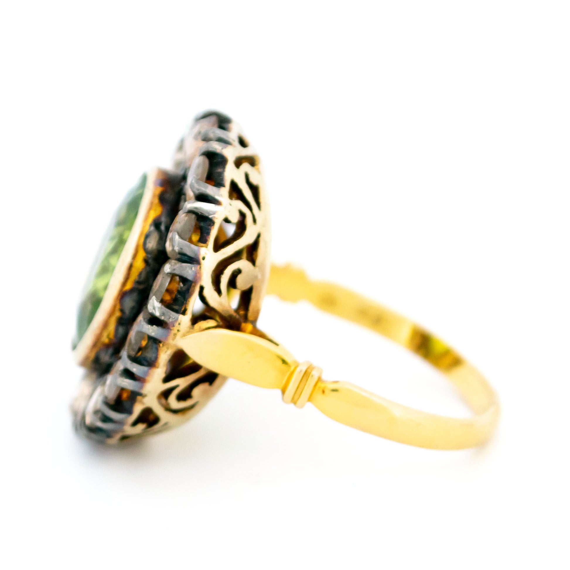 Victorian 14 Carat Gold, Silver, Peridot and Rose-Cut Diamond Oval Cluster Ring