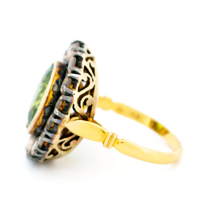 Victorian 14 Carat Gold, Silver, Peridot and Rose-Cut Diamond Oval Cluster Ring
