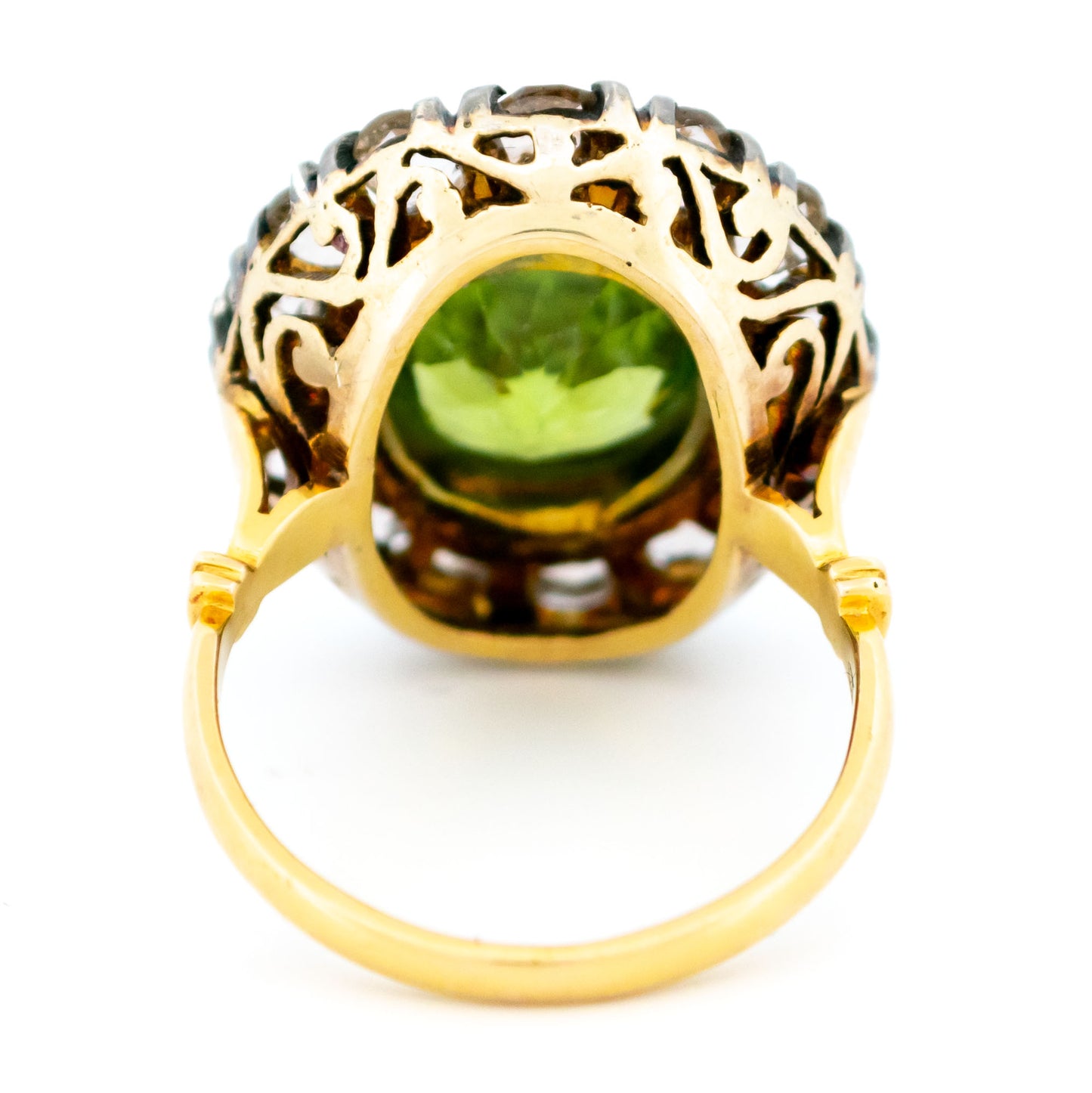 Victorian 14 Carat Gold, Silver, Peridot and Rose-Cut Diamond Oval Cluster Ring
