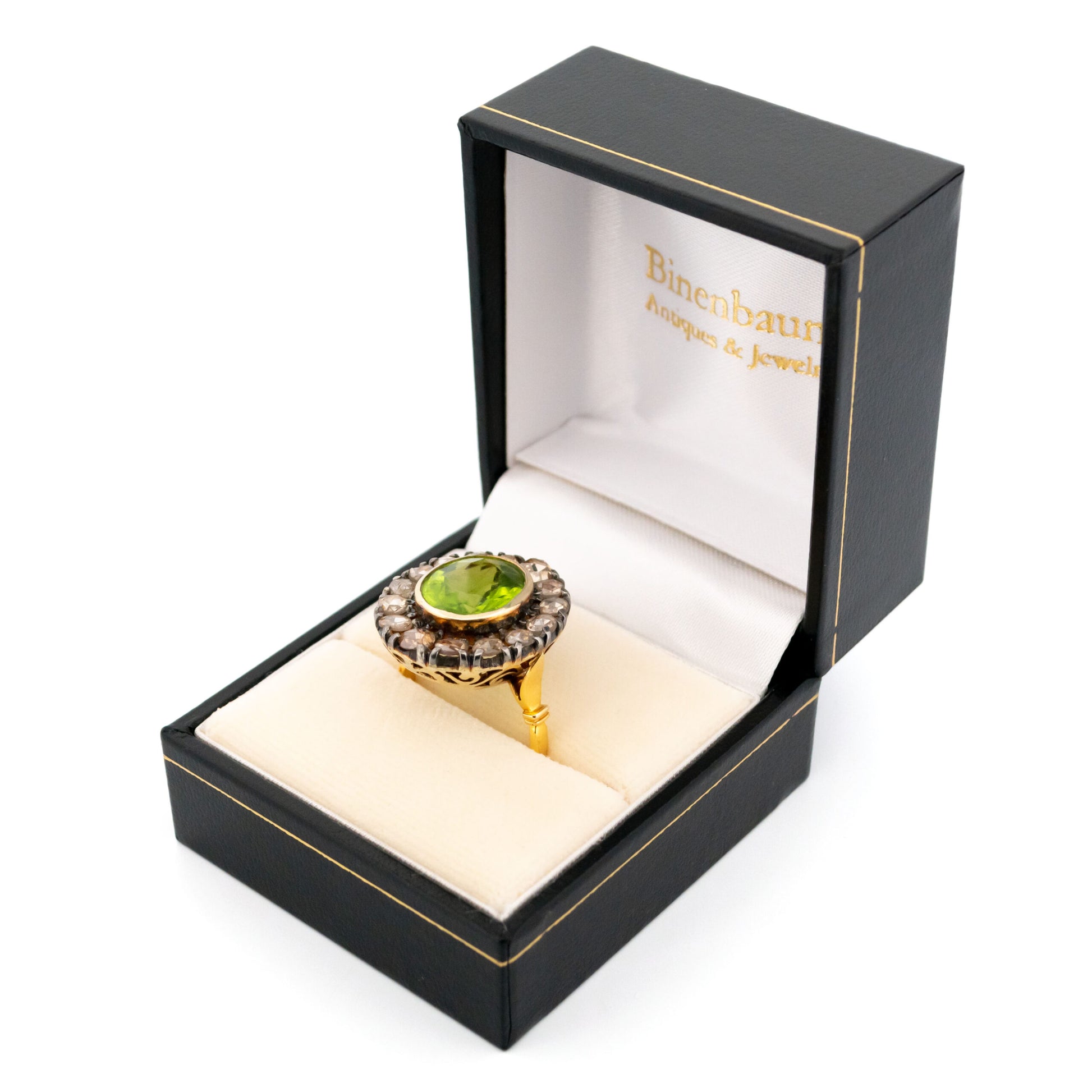 Victorian 14 Carat Gold, Silver, Peridot and Rose-Cut Diamond Oval Cluster Ring