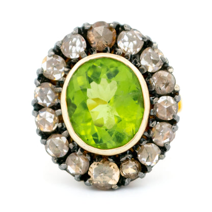 Victorian 14 Carat Gold, Silver, Peridot and Rose-Cut Diamond Oval Cluster Ring