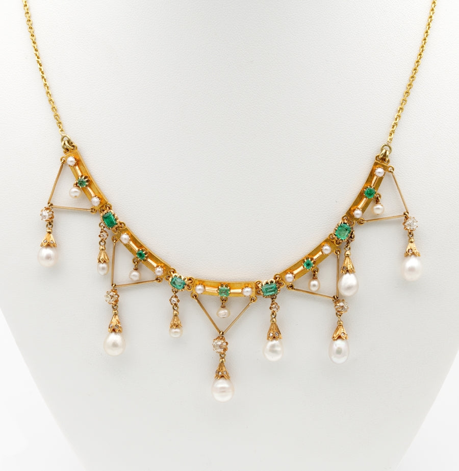 Rare Antique Edwardian Diamond Pearl and Emerald Swag Necklace c.1900