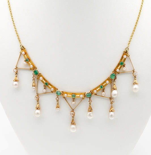 Rare Antique Edwardian Diamond Pearl and Emerald Swag Necklace c.1900