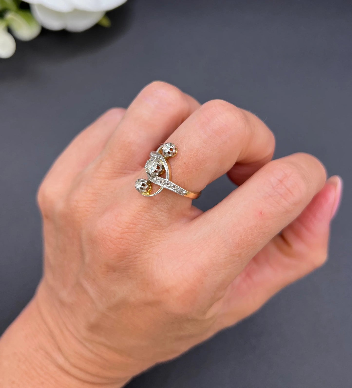 Antique 18 ct Gold And Platinum, 3 Stone Diamond Belle Époque Ring