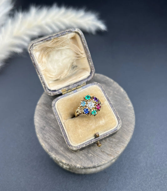 Vintage 10 Carat Yellow Gold, 1970's Diamond, Emerald, Amethyst, Ruby, Sapphire And Topaz Cluster Ring