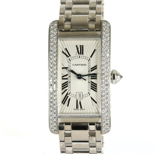 Cartier Tank Americaine 2490 Midi Size 18ct White Gold Diamond Set Automatic Rectangular Watch, white guillioche dial, Roman numerals, date aperture, 18ct white gold bracelet with concealed double deployment clasp