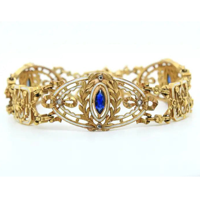 Antique Art Nouveau French Sapphire White Enamel Gold Bracelet by Leopold Gautrait