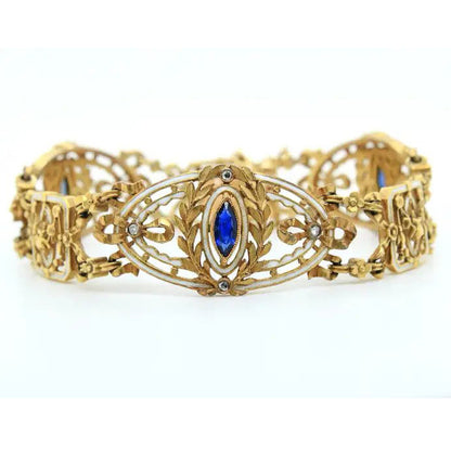 Antique Art Nouveau French Sapphire White Enamel Gold Bracelet by Leopold Gautrait