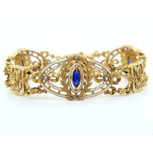 Antique Art Nouveau French Sapphire White Enamel Gold Bracelet by Leopold Gautrait