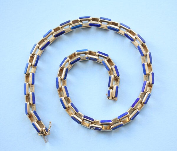 Vintage French Lapis Lazuli and 18ct Yellow Gold Chain Necklace, comprised of long tri-dimensional links set with lapis lazuli panels, Circa 1970s, Signed Gay Frères
