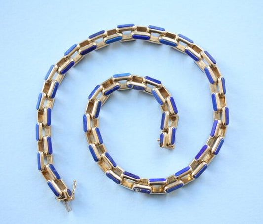 Vintage French Lapis Lazuli and 18ct Yellow Gold Chain Necklace, comprised of long tri-dimensional links set with lapis lazuli panels, Circa 1970s, Signed Gay Frères