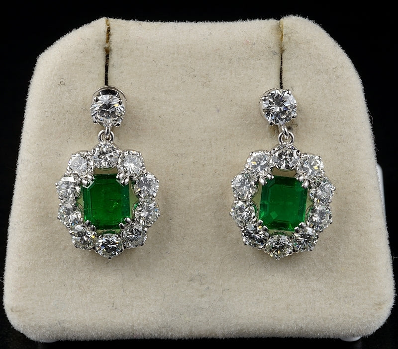Vintage 2ct Natural Zambian Emerald and 4.5ct Diamond Cluster Drop Earrings in Platinum
