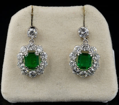 Vintage 2ct Natural Zambian Emerald and 4.5ct Diamond Cluster Drop Earrings in Platinum