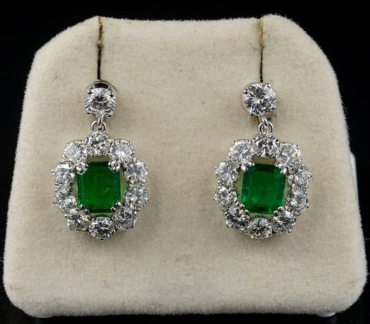 Vintage 2ct Natural Zambian Emerald and 4.5ct Diamond Cluster Drop Earrings in Platinum