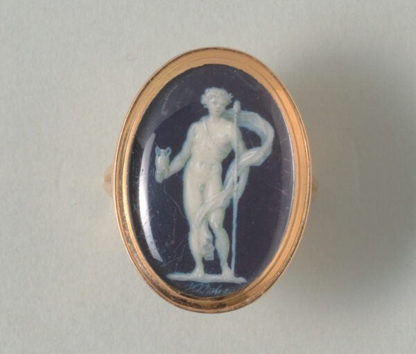 Antique Georgian Jacques Joseph de Gault Trompe D'Oeil Ring; featuring a gouache painting of the God Bacchus under the glass, 18ct yellow gold, Circa 1780