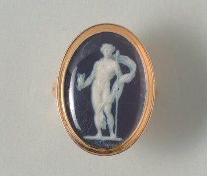 Antique Georgian Jacques Joseph de Gault Trompe D'Oeil Ring; featuring a gouache painting of the God Bacchus under the glass, 18ct yellow gold, Circa 1780