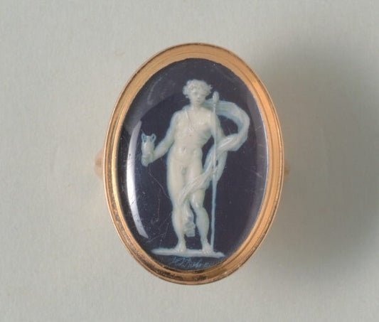 Antique Georgian Jacques Joseph de Gault Trompe D'Oeil Ring; featuring a gouache painting of the God Bacchus under the glass, 18ct yellow gold, Circa 1780