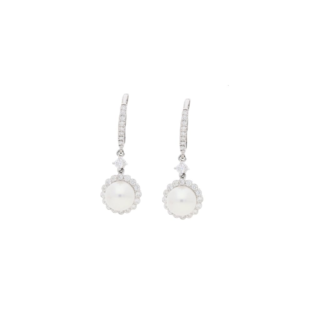 Pearl and Diamond Cluster Drop Earrings