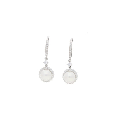 Pearl and Diamond Cluster Drop Earrings