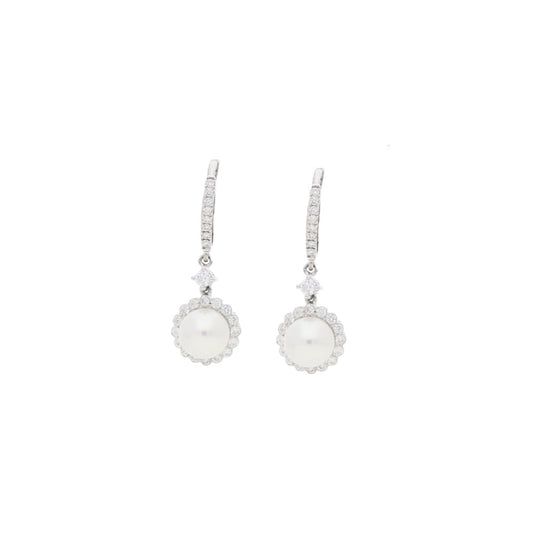Pearl and Diamond Cluster Drop Earrings