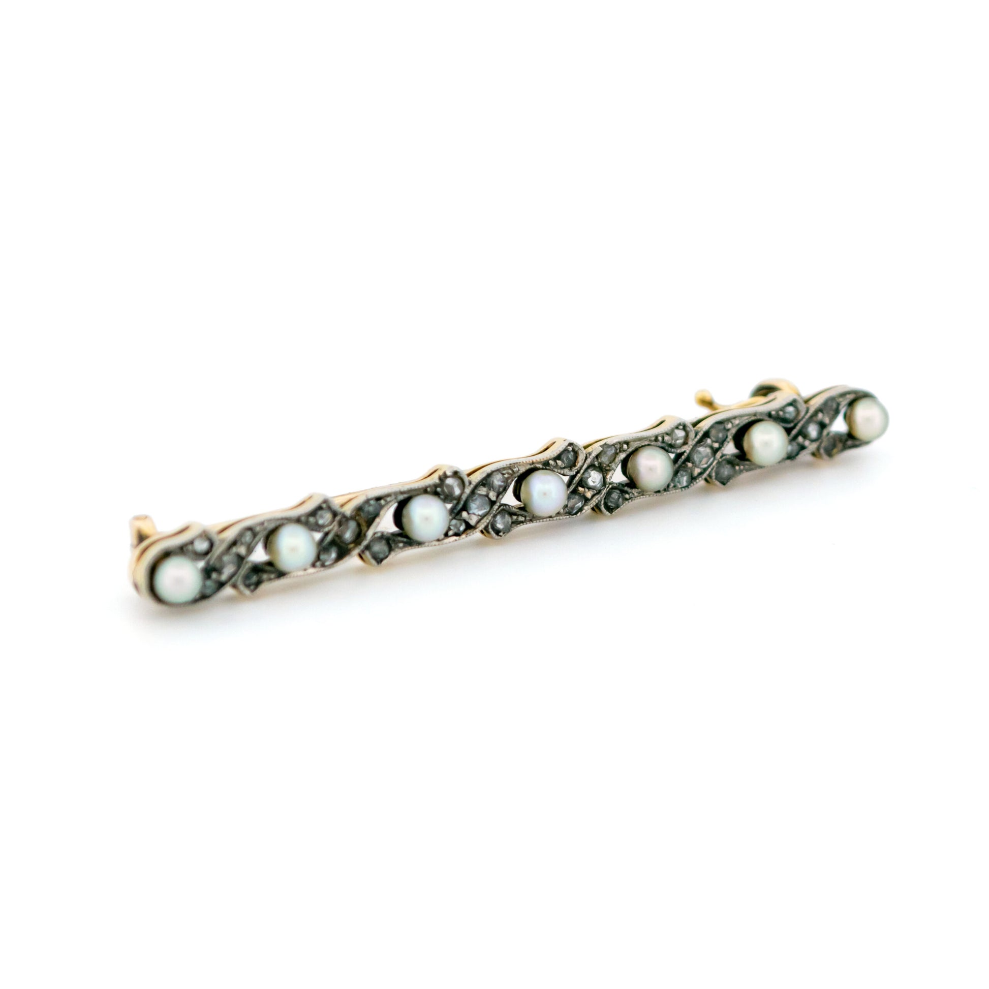 Art Deco Platinum, 14 Carat Gold, Natural Pearl and Diamond Bar Brooch