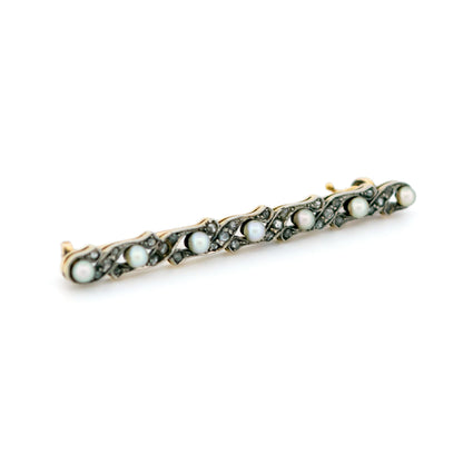 Art Deco Platinum, 14 Carat Gold, Natural Pearl and Diamond Bar Brooch