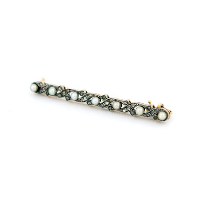 Art Deco Platinum, 14 Carat Gold, Natural Pearl and Diamond Bar Brooch