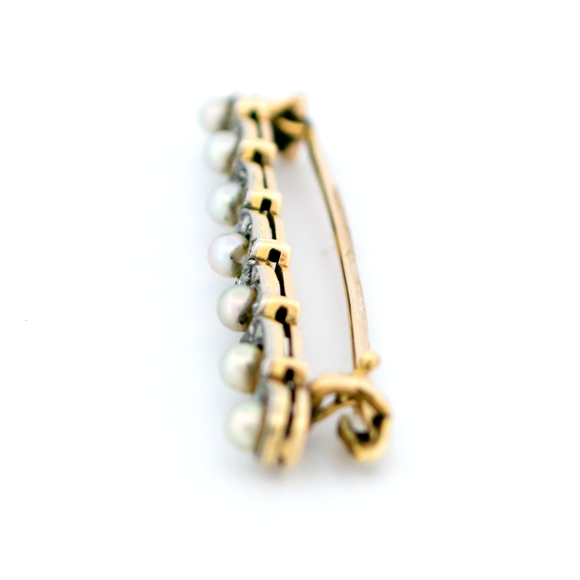 Art Deco Platinum, 14 Carat Gold, Natural Pearl and Diamond Bar Brooch