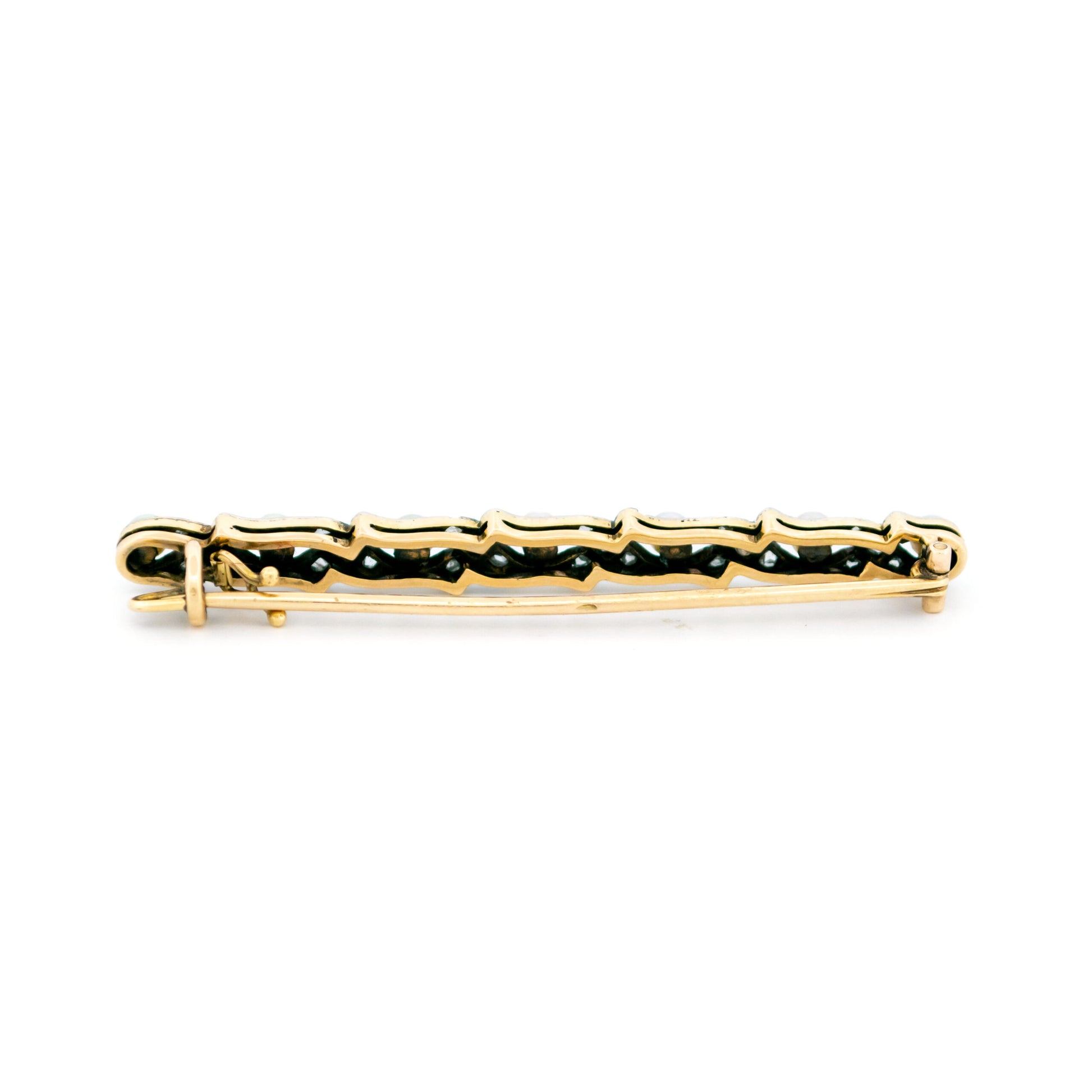 Art Deco Platinum, 14 Carat Gold, Natural Pearl and Diamond Bar Brooch