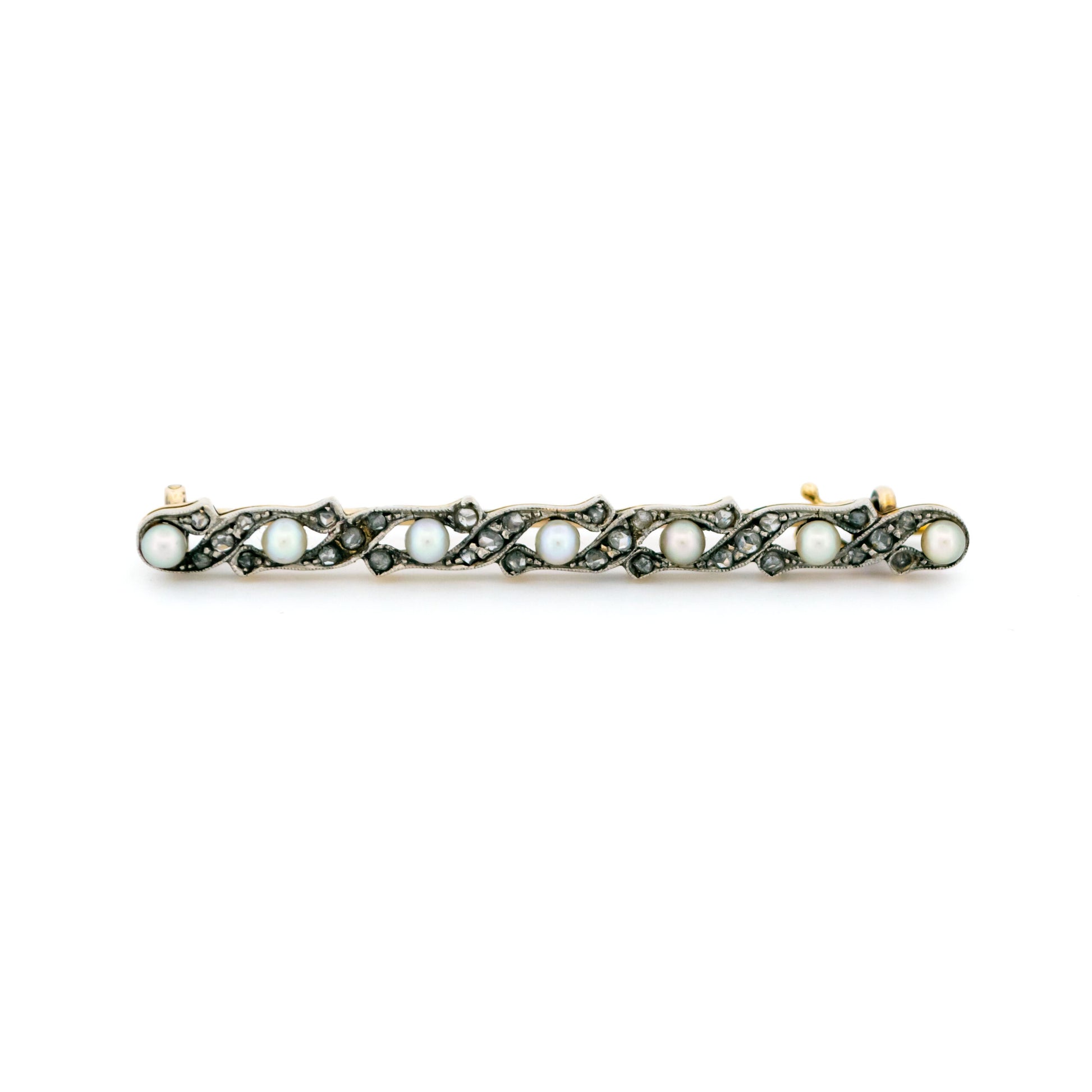 Art Deco Platinum, 14 Carat Gold, Natural Pearl and Diamond Bar Brooch