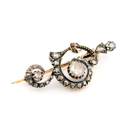 Victorian 14 Carat Yellow Gold and Silver Rose-Cut Diamond Brooch