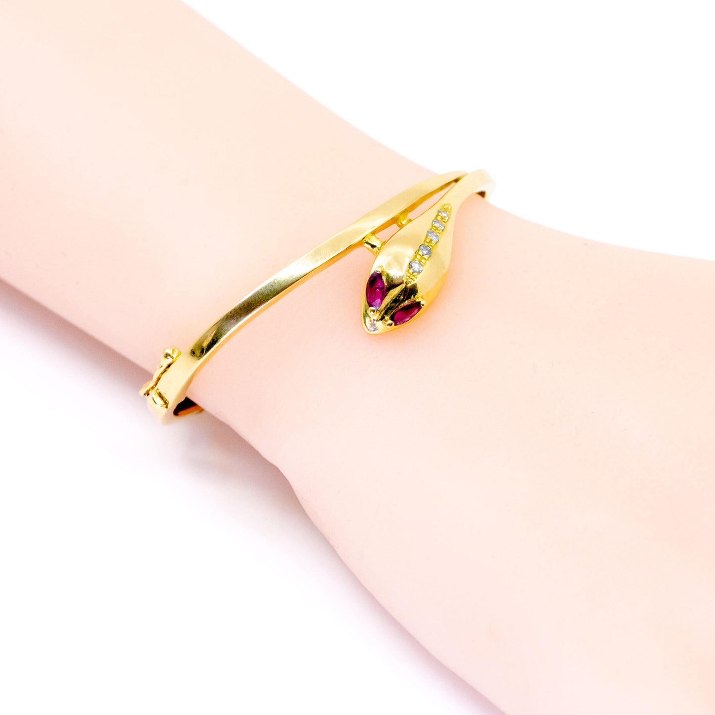 Antique 14 Carat Yellow Gold Ruby and Diamond Snake Bangle Bracelet