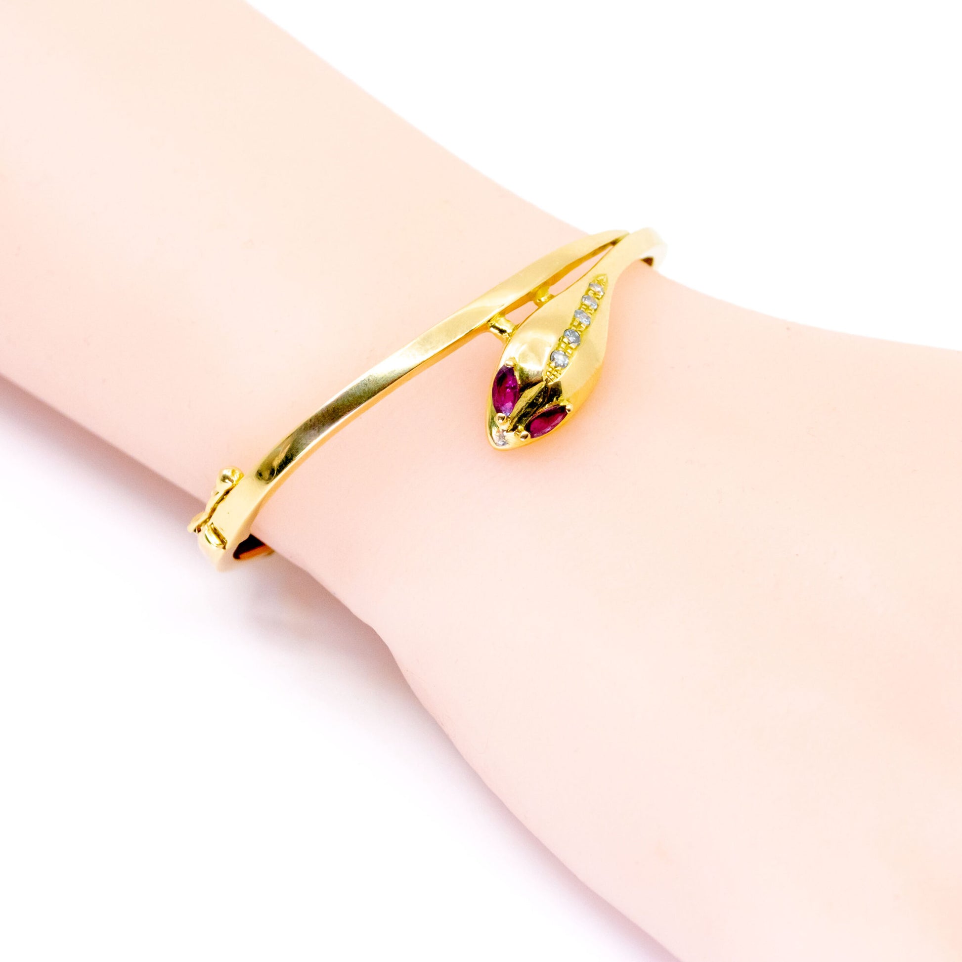Antique 14 Carat Yellow Gold Ruby and Diamond Snake Bangle Bracelet