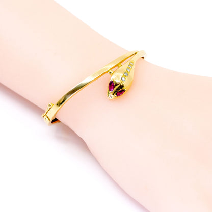 Antique 14 Carat Yellow Gold Ruby and Diamond Snake Bangle Bracelet