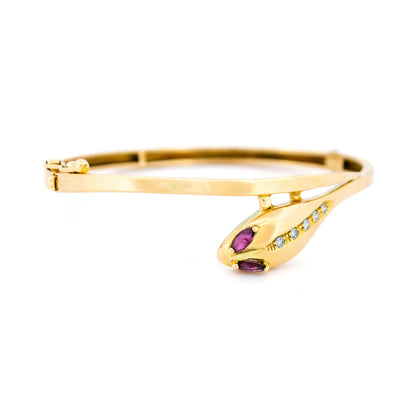 Antique 14 Carat Yellow Gold Ruby and Diamond Snake Bangle Bracelet