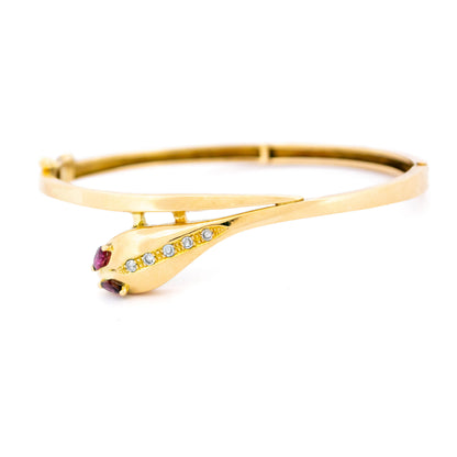 Antique 14 Carat Yellow Gold Ruby and Diamond Snake Bangle Bracelet