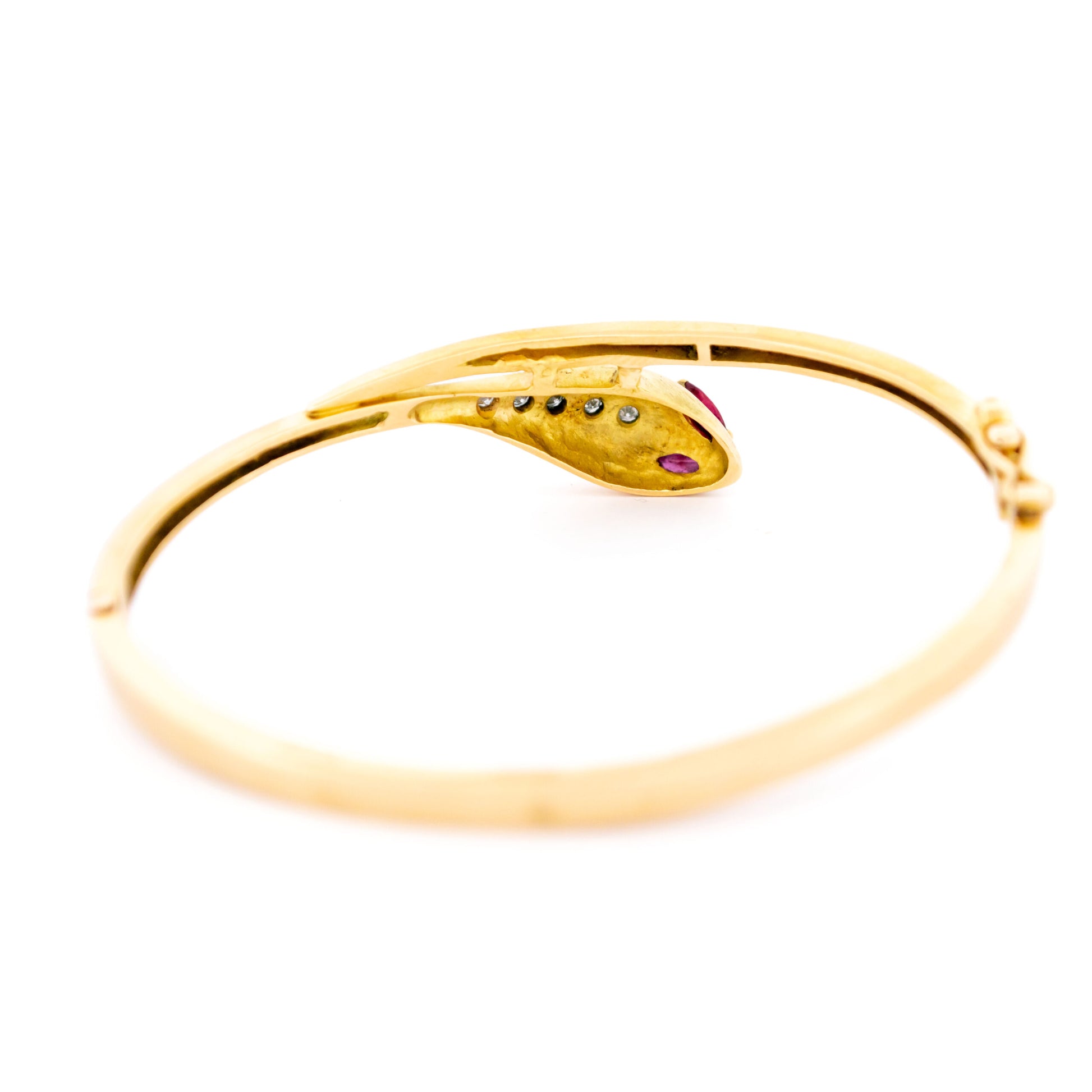 Antique 14 Carat Yellow Gold Ruby and Diamond Snake Bangle Bracelet