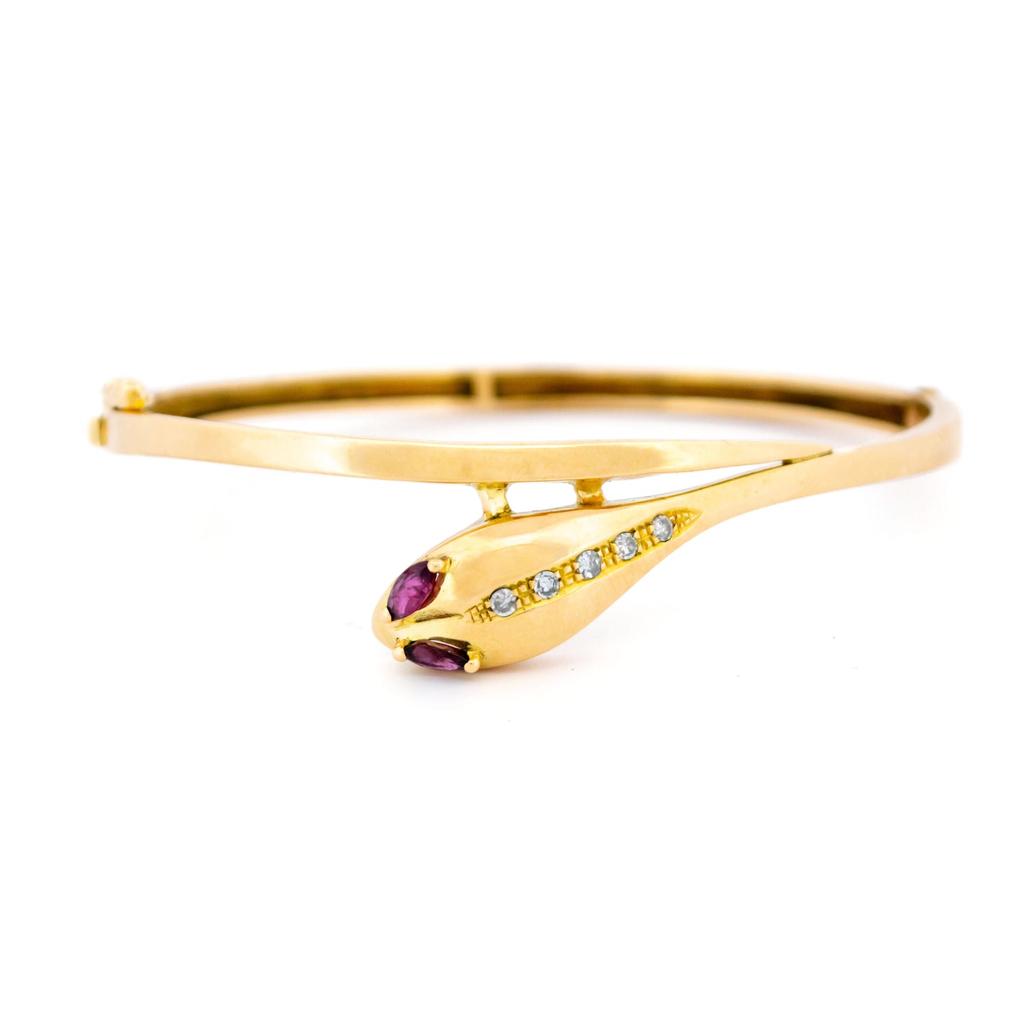 Antique 14 Carat Yellow Gold Ruby and Diamond Snake Bangle Bracelet