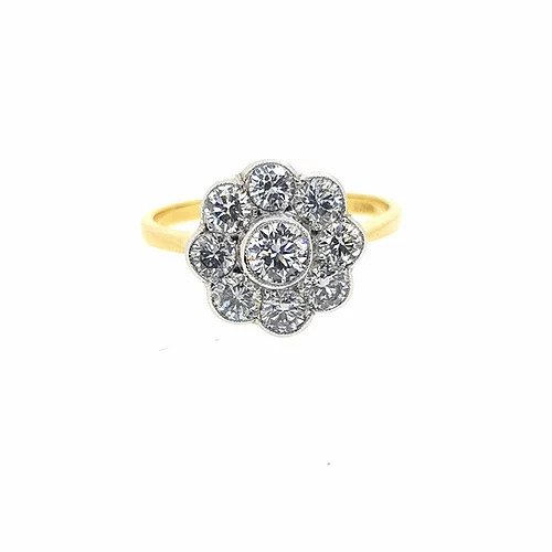 1.25ct Diamond Daisy Floral Cluster Ring; central round cut diamond encompassed by eight further diamonds, collet set, 18ct yellow gold shank