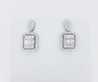 Square Shaped Diamond Cluster Drop Earrings; baguette and brilliant cut diamond set cluster suspended from a marquise shaped diamond set stud, in 18ct white gold.