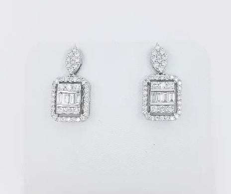 Square Shaped Diamond Cluster Drop Earrings; baguette and brilliant cut diamond set cluster suspended from a marquise shaped diamond set stud, in 18ct white gold.