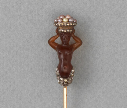 Antique Victorian Carved Agate Mermaid Stickpin; with silver hair, tail, and basket edge embellished with rose-cut diamonds, holding a basket of fine pearls